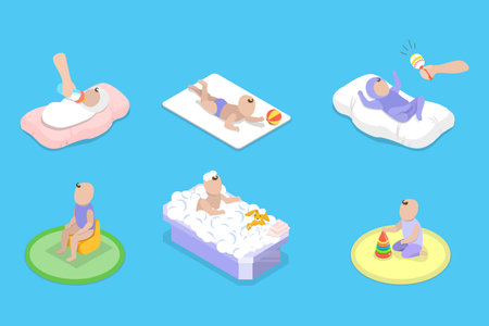 3D Isometric Flat Vector Set of BabyBorn Care Routine, Motherhood and Childhoodのイラスト素材