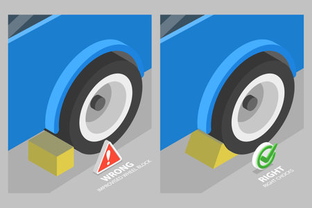 3D Isometric Flat Vector Illustration of Proper Chocking Placment, Driving Rules And Tipsのイラスト素材