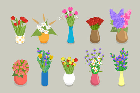 3D Isometric Flat Vector Set of Flower Bouquets , Florist Compositionのイラスト素材