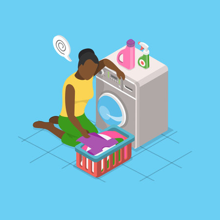 3D Isometric Flat Vector Illustration of Exhausted Housewife , Sad Tired Womanのイラスト素材