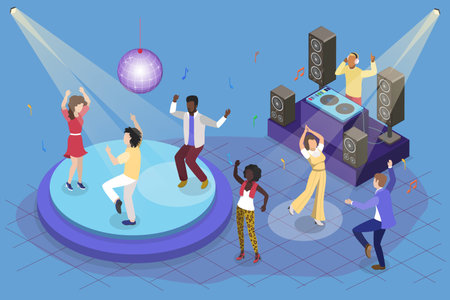 3D Isometric Flat Vector Illustration of Disco Club People, Nightlife Youth Eventのイラスト素材