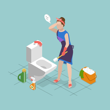 3D Isometric Flat Vector Illustration of Relentless Housework, Housewife Cleaning Toiletのイラスト素材