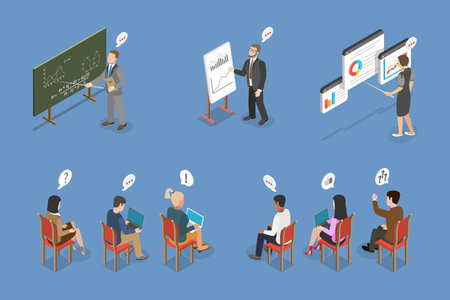 3D Isometric Flat Vector Illustration of Lecture Or Seminar , Students in Audienceのイラスト素材