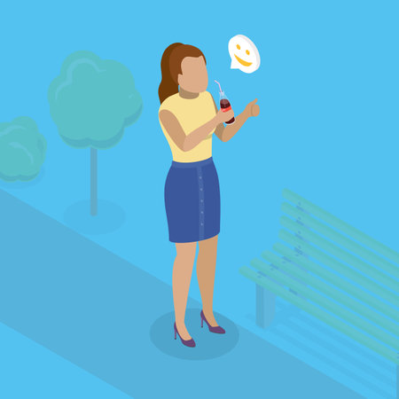 3D Isometric Flat Vector Illustration of Drinking Soda, Young Woman Enjoying Refreshing Beveragのイラスト素材
