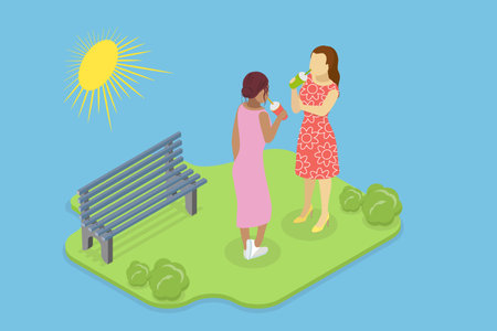 3D Isometric Flat Vector Illustration of Summertime, Young Women Delights in Summer Sipping Cold Refreshing Drink While Walking in Parkのイラスト素材