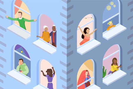 3D Isometric Flat Vector Illustration of House Windows With People , Good neighborhoodのイラスト素材