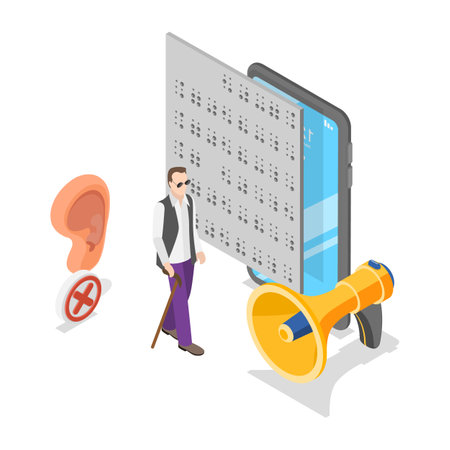 3D Isometric Flat Vector Illustration of Disabled People In Social Environment, Accessible City Environment. Item 1のイラスト素材