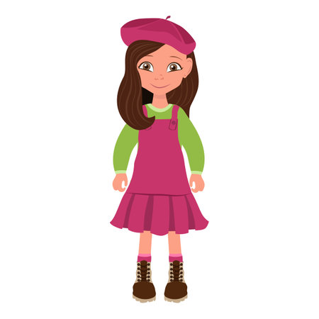 Flat Vector Illustration of Kid Girl in Red Dress and Beret, Cartoon Character Set For Animation, Various Views, Poses and Gestures. Item 4のイラスト素材