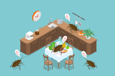 3D Isometric Flat Vector Illustration of Cockroach In Home Kitchen, Bugs Causing a Threat to Hygieneのイラスト素材