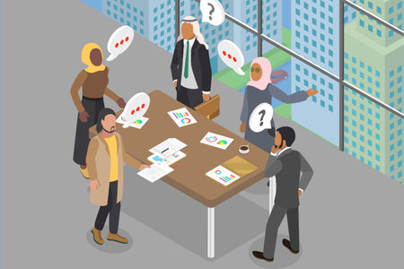 3D Isometric Flat Vector Illustration of Arabic Muslim Business Office, Collaborative Teamwork in the Workplaceのイラスト素材
