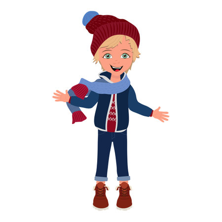 Flat Vector Illustration of Kid Boy Wearing Winter Clothes, Cartoon Character Set For Animation, Various Views, Poses and Gestures. Item 5のイラスト素材