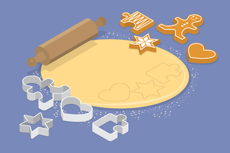 3D Isometric Flat Vector Illustration of Sweet Pastry, Dough, Wooden Rolling Pin, and Cookie Cuttersのイラスト素材