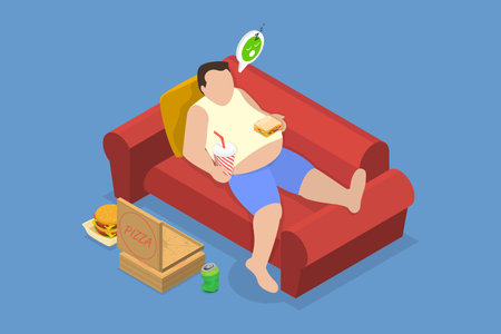 3D Isometric Flat Vector Illustration of Overeating, Lazy Overweight Man Lounging on Couchのイラスト素材