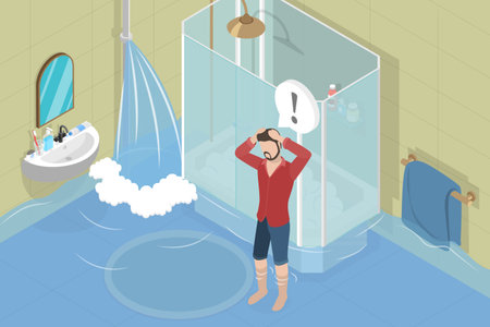 3D Isometric Flat Vector Illustration of Bathroom Flood, Accident and Disaster at Homeのイラスト素材