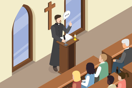 3D Isometric Flat Vector Illustration of Church Priest, Tradition Trust Faith and Orthodox Religionのイラスト素材