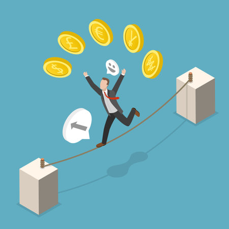 3D Isometric Flat Vector Illustration of Foreign Exchange Market, Businessman Expert Juggles Currency Coinsのイラスト素材