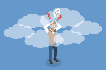 3D Isometric Flat Vector Illustration of Clouded Mind, Depressed Young Man with Cloudy Thoughtsのイラスト素材