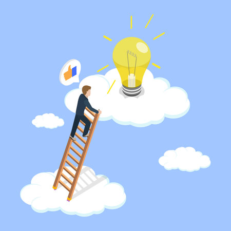 3D Isometric Flat Vector Illustration of Opportunity and Wisdom, Innovative Businessman Climbing Pencil Ladder to Find Lightbulb Idea in the Cloudsのイラスト素材