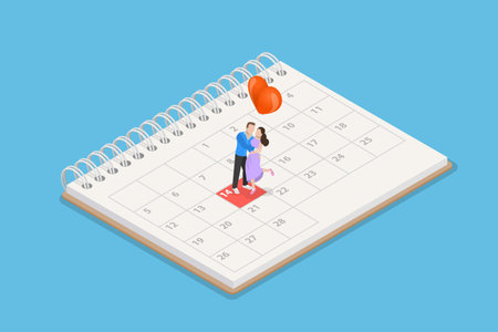 3D Isometric Flat Vector Illustration of Schedule Of Events, Miniature Couple With Heart Shape on Calendarのイラスト素材