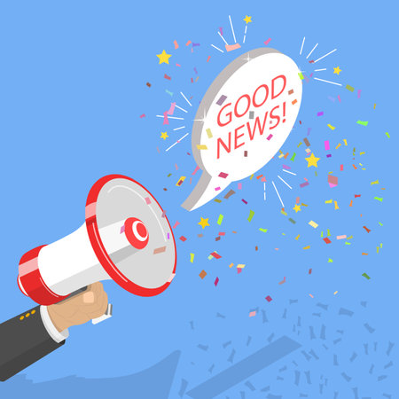 3D Isometric Flat Vector Illustration of Good News, Hand Holding Megaphone with Information Alertのイラスト素材