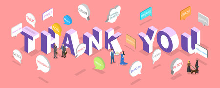 3D Isometric Flat Vector Illustration of Thank You, Lettering in Different Languagesのイラスト素材
