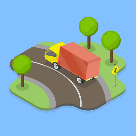 3D Isometric Flat Vector Illustration of Truck Rollover Traffic Sign, Semi-Trailer In Danger Of Rollover On Curving Roadwayのイラスト素材