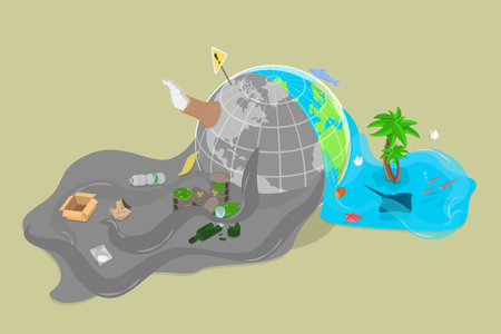 3D Isometric Flat Vector Illustration of Water Pollution, Ecological Problem of the Oceanのイラスト素材