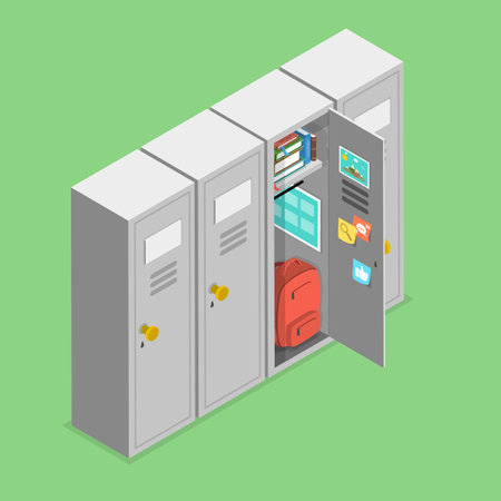3D Isometric Flat Vector Illustration of School Lockers, Storage Boxes for Personal Ttemsのイラスト素材