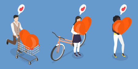 3D Isometric Flat Vector Illustration of Love, People Carring Large Heartsのイラスト素材