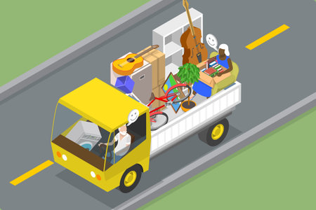 3D Isometric Flat Vector Illustration of Moving Eldery Couple, Downsizingのイラスト素材