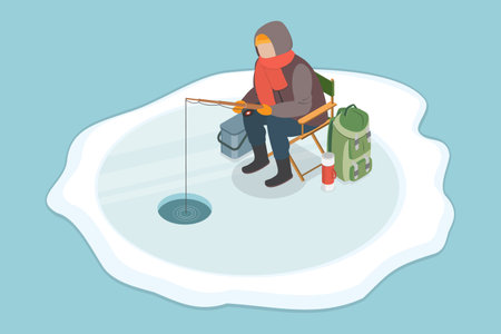 3D Isometric Flat Vector Illustration of Winter Fishing, Fishermen on a Frozen Pondのイラスト素材