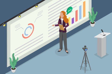 3D Isometric Flat Vector Illustration of Public Speaking, Business Seminar or Conferenceのイラスト素材