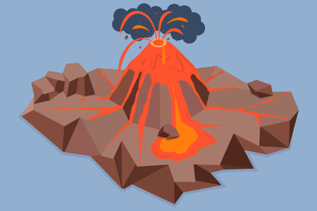 3D Isometric Flat Vector Illustration of Volcano Eruption, Unleashing Magma River, Cataclysmic Disasterのイラスト素材