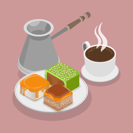 3D Isometric Flat Vector Illustration of Turkish Sweets, Baklava And Coffee Cupのイラスト素材