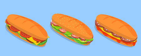 3D Isometric Flat Vector Illustration of baguette Sandwiches, Fast Food, Snacksのイラスト素材