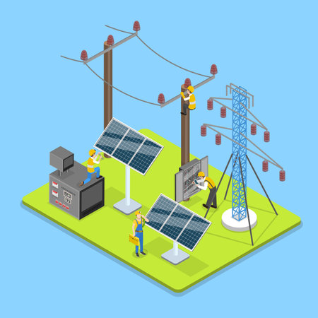 3D Isometric Flat Vector Illustration of Green Renewable Energy, Installation And Configuration Of Solar Panel Systemsのイラスト素材