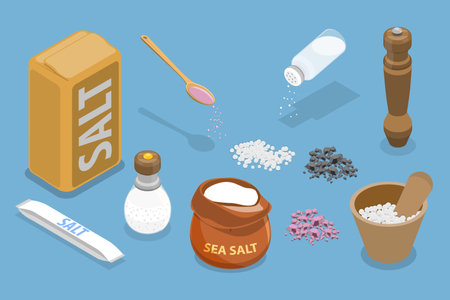3D Isometric Flat Vector Set of Salt Containers and Other Items, Baking and Cooking Ingredientのイラスト素材