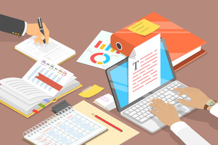 3D Isometric Flat Vector Illustration of Business Person Workplace, Work With A Laptop Computerのイラスト素材