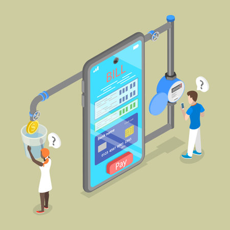 3D Isometric Flat Vector Illustration of Mobile App For Managing Utility Bills, Techonologies for Homeのイラスト素材