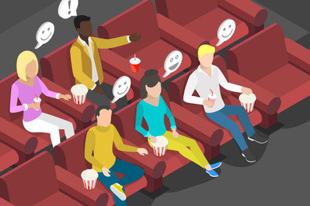 3D Isometric Flat Vector Illustration of Watching Movie, Happy People Enjoying Movie At Cinema With Popcornのイラスト素材
