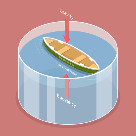 3D Isometric Flat Vector Illustration of Buoyant Force Explanation, Relationship Between Density And Buoyant Forces In Fluidsのイラスト素材