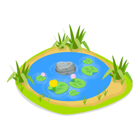 3D Isometric Flat Vector Set of Natural Water Landscape , River, Waterfall, Pond, and Fountain.のイラスト素材