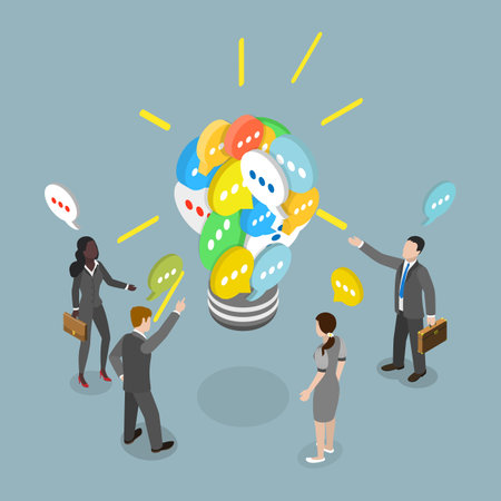 3D Isometric Flat Vector Illustration of Communicate Idea and Business Discussion, Effective Teamworkのイラスト素材