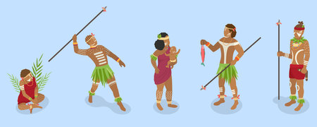 3D Isometric Flat Vector Set of Native Tribal People, Aboriginal Menのイラスト素材