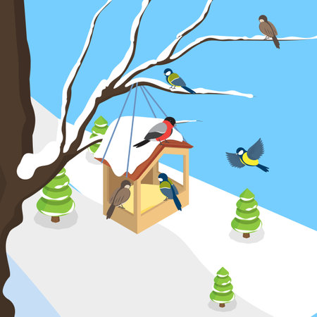 3D Isometric Flat Vector Illustration of Winter Landscape, Feeding Birds At The Feederのイラスト素材