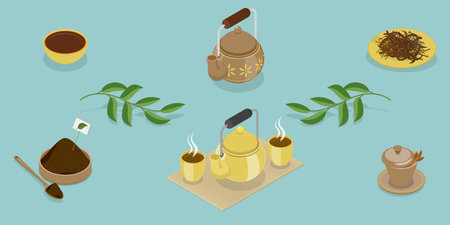 3D Isometric Flat Vector Set of Tea Elements, Different Tastes and Ingredientsのイラスト素材