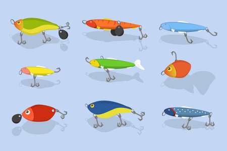 3D Isometric Flat Vector Illustration of Fishing Bait Collection, Fisherman Tackle and Artificial Fishesのイラスト素材