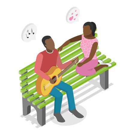 3D Isometric Flat Vector Set of Romantic Couples, Lovers Talking on a Bench.のイラスト素材