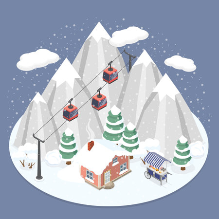 3D Isometric Flat Vector Illustration of Winter Mountain Resort, Landscape With Chalets And Funicularのイラスト素材