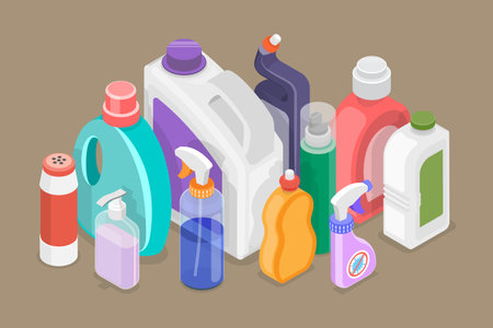 3D Isometric Flat Vector Set of Detergent Bottles, Cleaning Supplies Productsのイラスト素材